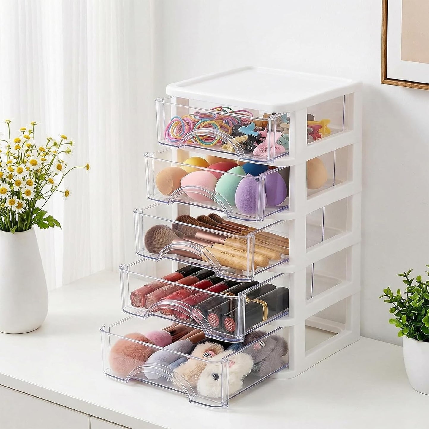 Hedume Desktop Drawer, Clear 5 Drawer Desktop Storage Unit, White Frame with Clear Drawers, Drawer Unit