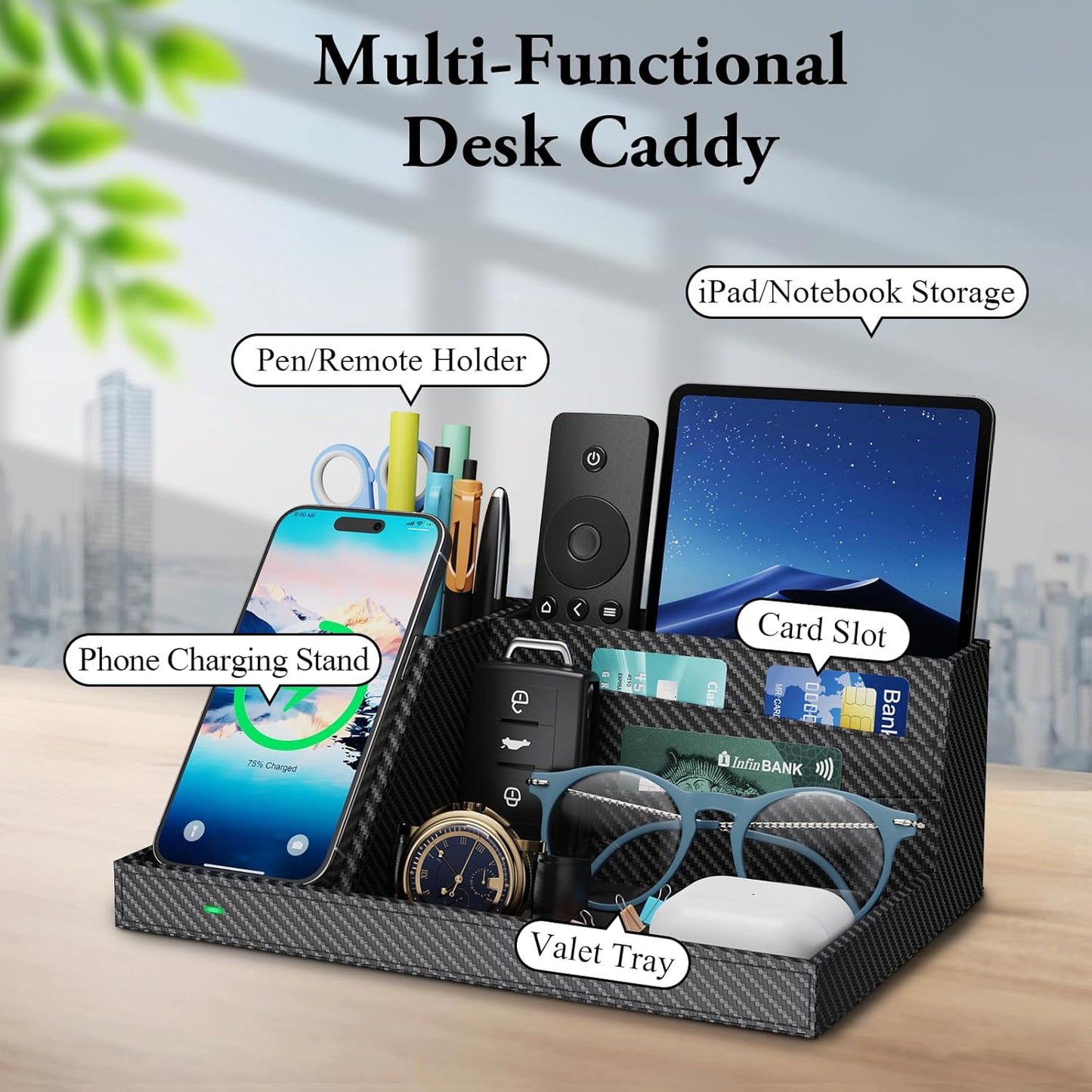 TopMade Wireless Charger Desk Nightstand Organizer, Leather Pen Holder Office Supplies Desk Accessories Fast Charging Station, Remote Control Holder, for iphone Charger Stand Gifts for Men (Black)