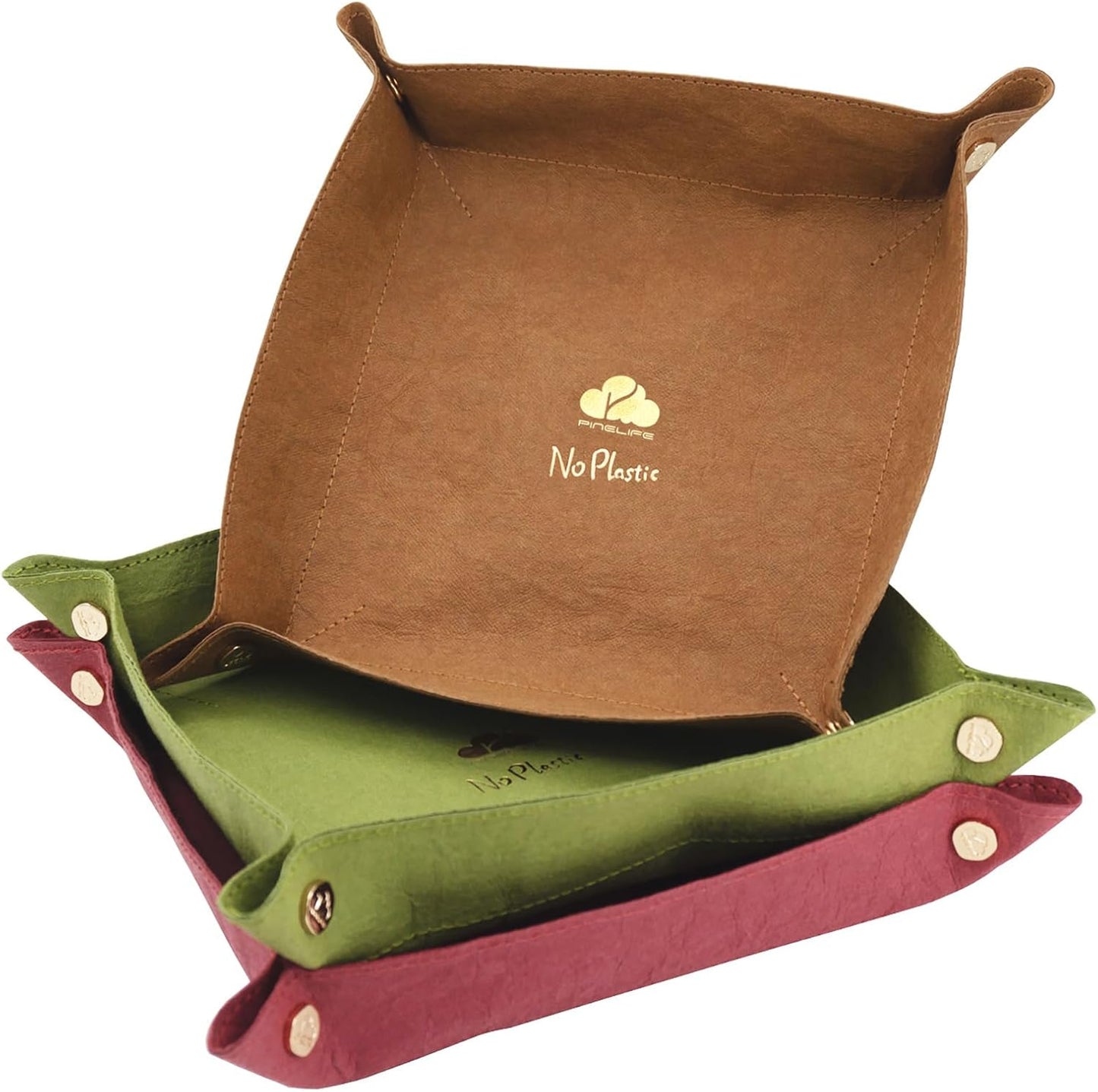 Foldable Valet Tray Set of 3 - Red, Green, Brown - Organizer for Desktop, Nightstand, Office, Travel & Holiday Gifts for Men, Women