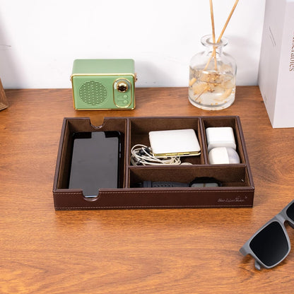 Mens Valet Tray for Nightstand Bedside and Entry Table Faux Leather Catchall Tray for Phone,Watch,Glasses,Wallet,Jewelry and Keys Dresser Organizer Valet Charging Station Gifts for Dad (All Brown)