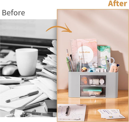 Marbrasse Pen Organizer with 2 Drawer, Multi-Functional Pencil Holder for Desk, Desk Organizers and Accessories with 5 Compartments + Drawer for Office Art Supplies (White)