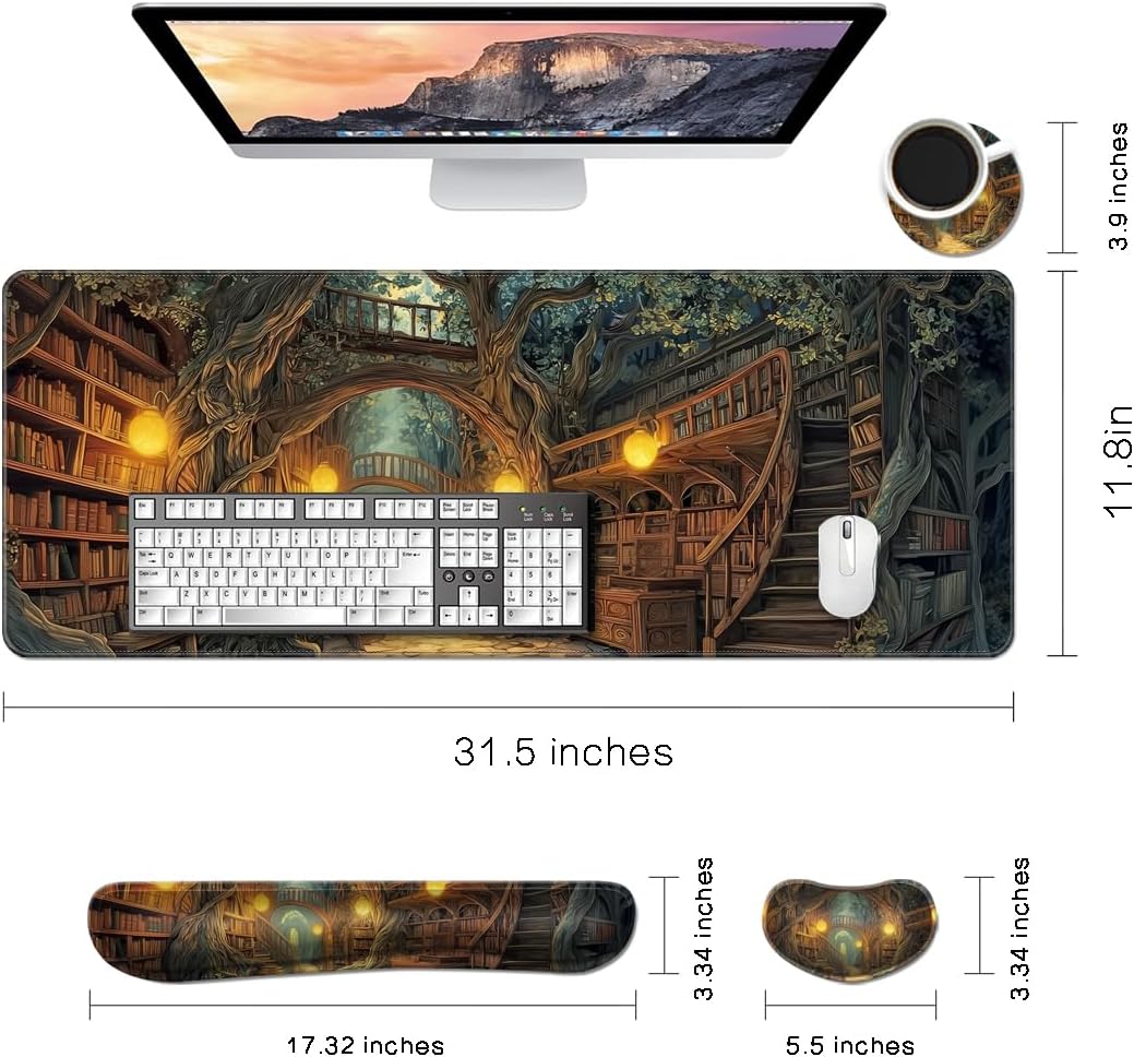 MIBITRI Keyboard Mouse Pad Set, Extended Gaming Mouse Pad+Ergonomics Keyboard Wrist Rest Support, Memory Foam, Easy Typing Pain Relief, 4Pcs XXL Ultra Thick Desk Mat, Enchanted Bookshelf
