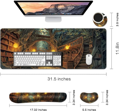 MIBITRI Keyboard Mouse Pad Set, Extended Gaming Mouse Pad+Ergonomics Keyboard Wrist Rest Support, Memory Foam, Easy Typing Pain Relief, 4Pcs XXL Ultra Thick Desk Mat, Enchanted Bookshelf