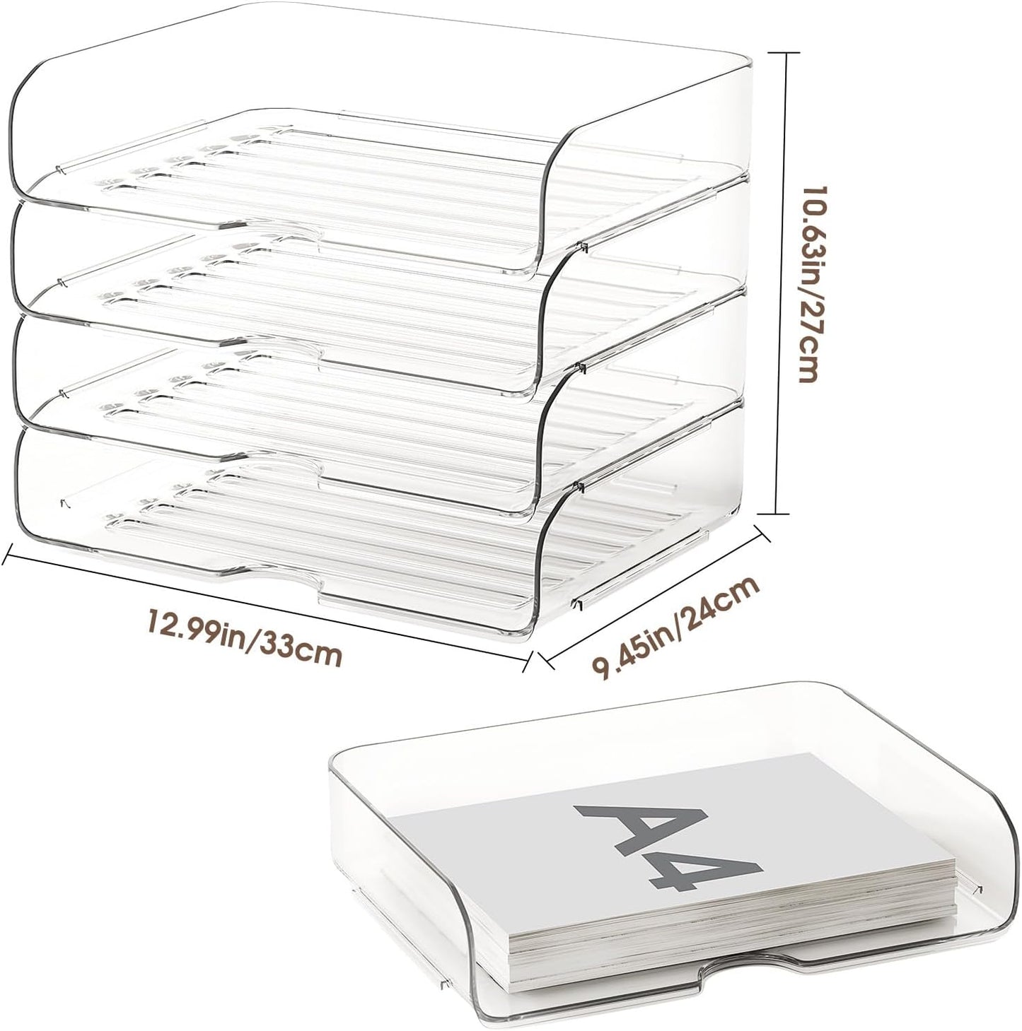 4-Tier Large-Capacity Paper Organizer, Clear Stackable Desk Organizer & Acrylic Paper Tray, Transparent & Easy Access,Desk File Organizer for Home Office & School