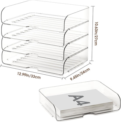 4-Tier Large-Capacity Paper Organizer, Clear Stackable Desk Organizer & Acrylic Paper Tray, Transparent & Easy Access,Desk File Organizer for Home Office & School