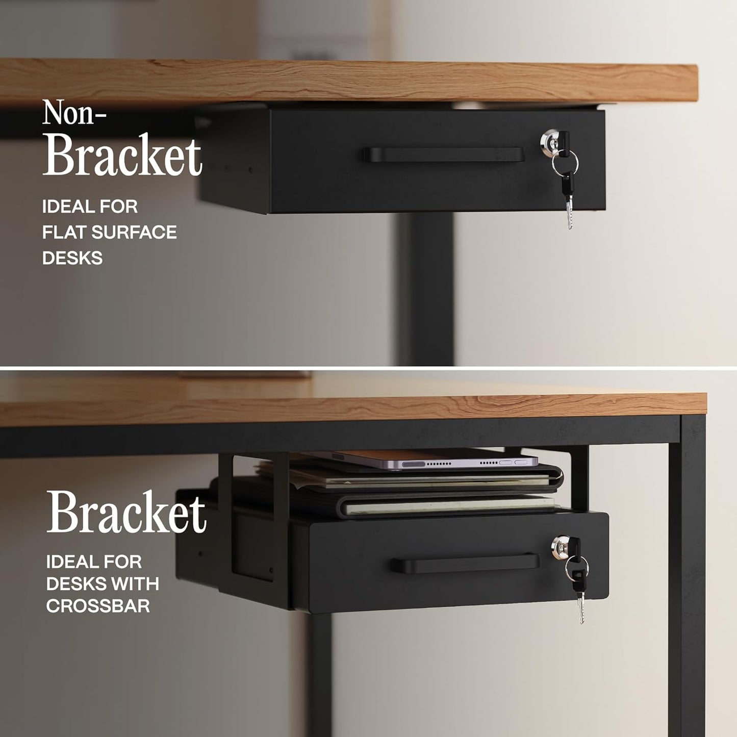 Under Desk Drawer Slide-Out – Lockable Metal Storage Drawers with Cable Management for Office & Home (Double, Bracketed)