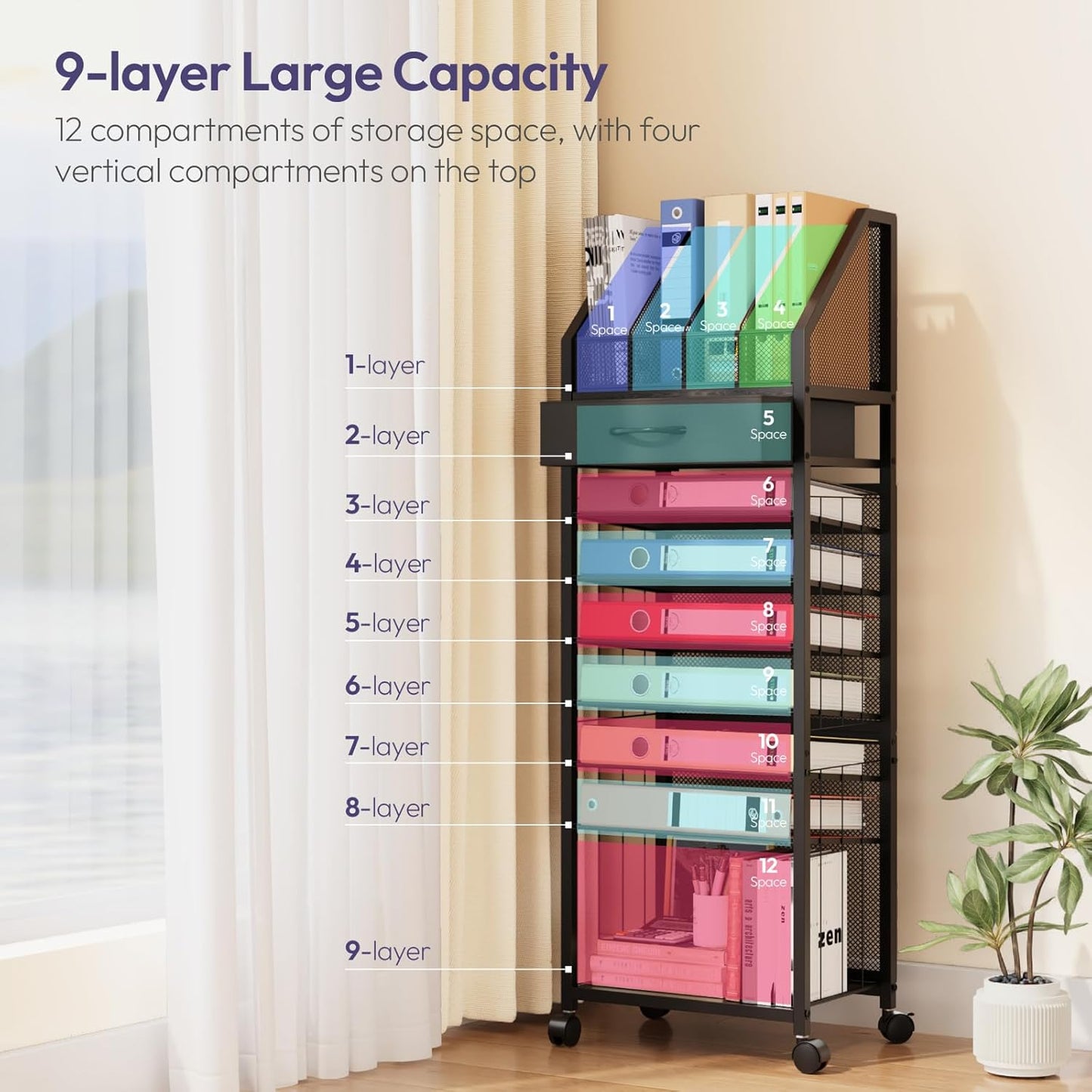 SWTYMIKI Desk Organizer with Drawers - Mesh and Wood Desk File Organizer with Pen Holders, 4-Tier Paper Organizer for Office Organizer and Accessorie, School and Home Storage, Black