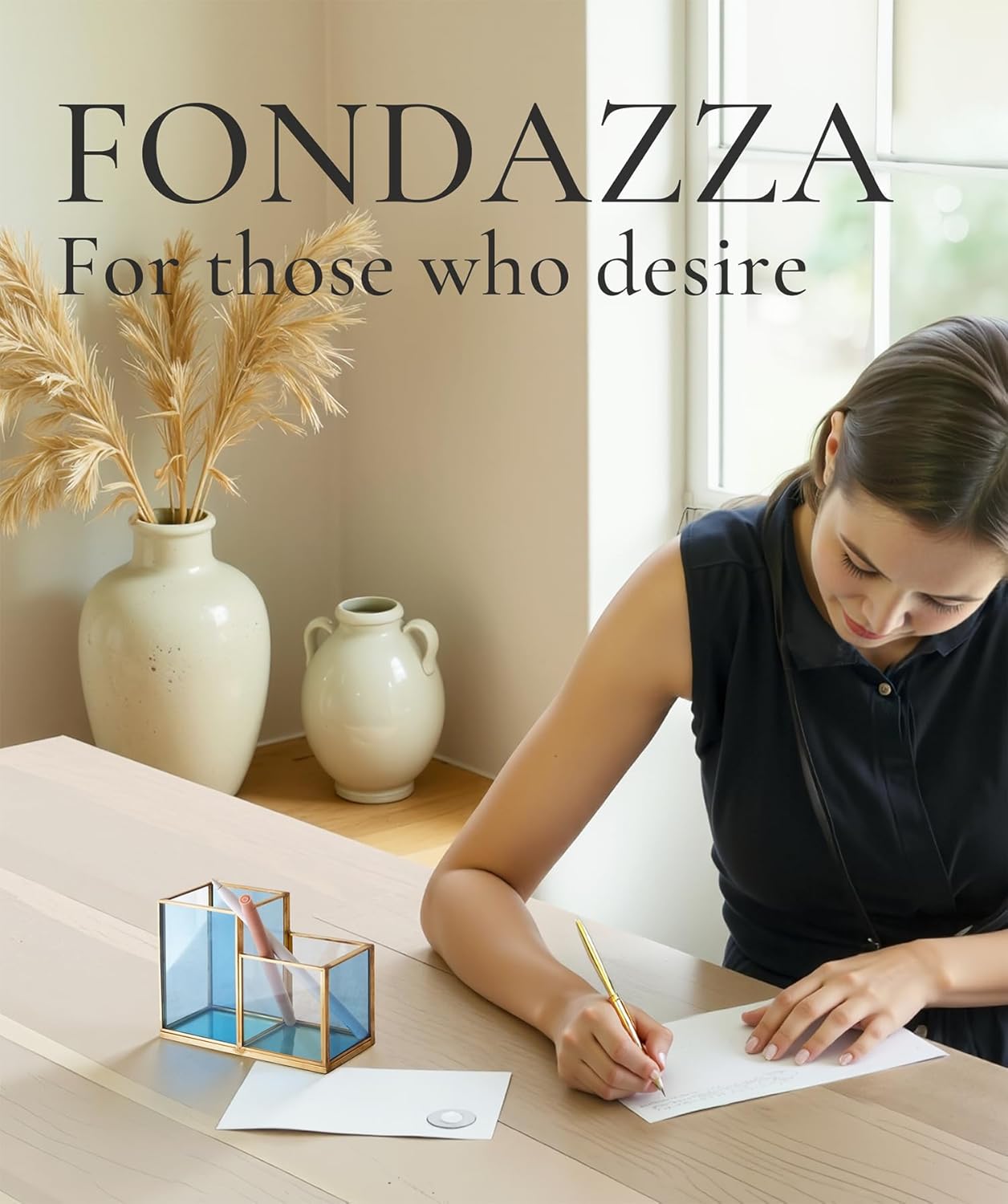 FONDAZZA Gold & Blue Glass Desk Organizer - Elegant Office Decor, Aesthetic Makeup Brush Holder, 2-Compartment Pen Holder, Pencil Cup, Vanity & Cosmetic Storage, Desk Accessories for Women