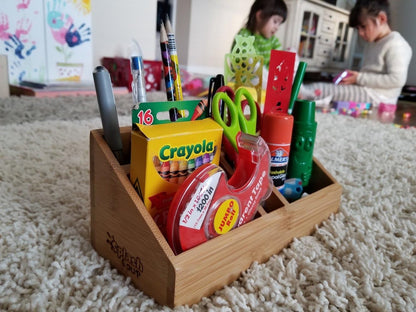 Small Multifunctional Bamboo Organizer | Desk Caddy | Home Office Accessory Tray | School Art Supply Holder | Pen Pencil Brush Compartment | Kitchen Bathroom Countertop Storage