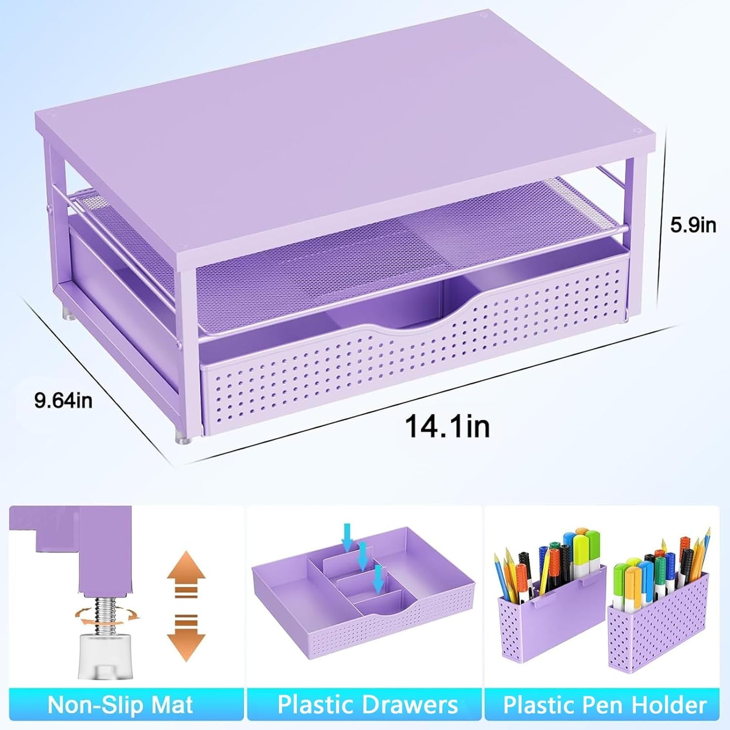 gianotter Wood Monitor Stand Riser, Office Desk Shelf Organizer, Desk Organizer with Drawer and Pen Holder, 2-Tier Computer Stand, Office Organization (Ink)