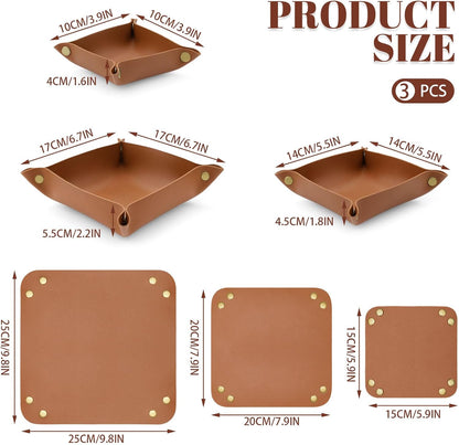 3 Pack Leather Valet Tray, 3 Sizes Catchall Tray Desk Organizer for Key Jewelry Trinket Watch Perfume Coin, for Entryway Table Nightstand Dresser Vanity Travel, Brown