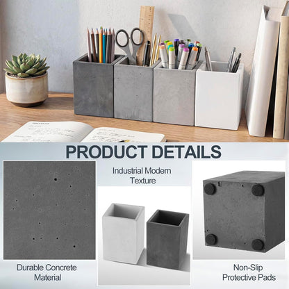 Henoyso 4 Pcs Concrete Pen Holder for Desk Modern Aesthetic Desktop Pencil Cup with Non-slip Dots Gray-tone Pencil Holder for Desk Organizer Office Supplies Stylish Office Decoration