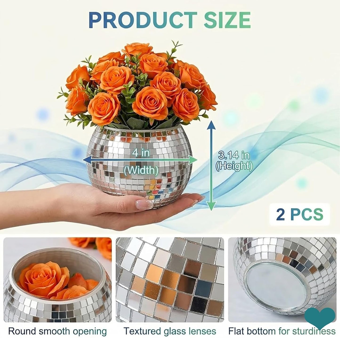 2 Pack Glass Disco Ball Makeup Brush with Smooth Grouting - Premium Mirror Mosaic Pencil Cup for Desk, Cute Pen Holder, Aesthetic Room Decor Gift (Iridiscente)