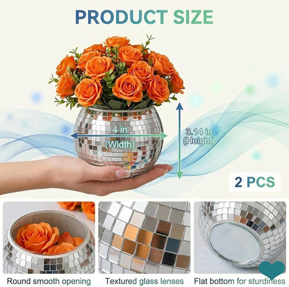 2 Pack Glass Disco Ball Makeup Brush with Smooth Grouting - Premium Mirror Mosaic Pencil Cup for Desk, Cute Pen Holder, Aesthetic Room Decor Gift (Iridiscente)