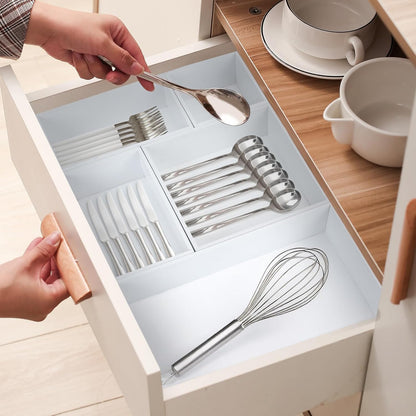 Bamboo Drawer Organizer with 2 Dividers, 5PCS Adjustable Junk Desk Organizer Trays with 7 Grid , Wood Stackable Storage Boxes Bins for Kitchen Flatware, Office Desktop, Bathroom Makeup, Jewelry