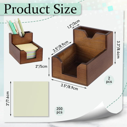Crtiin 2 Sets Wood Sticky Note Holder, 2-in-1 Pen and Sticky Note Dispenser with 200 Sheets 3x3 Inches Sticky-Notes, Walnut Color Pen Holder for Office Home School Dorm Room Desk Organizer