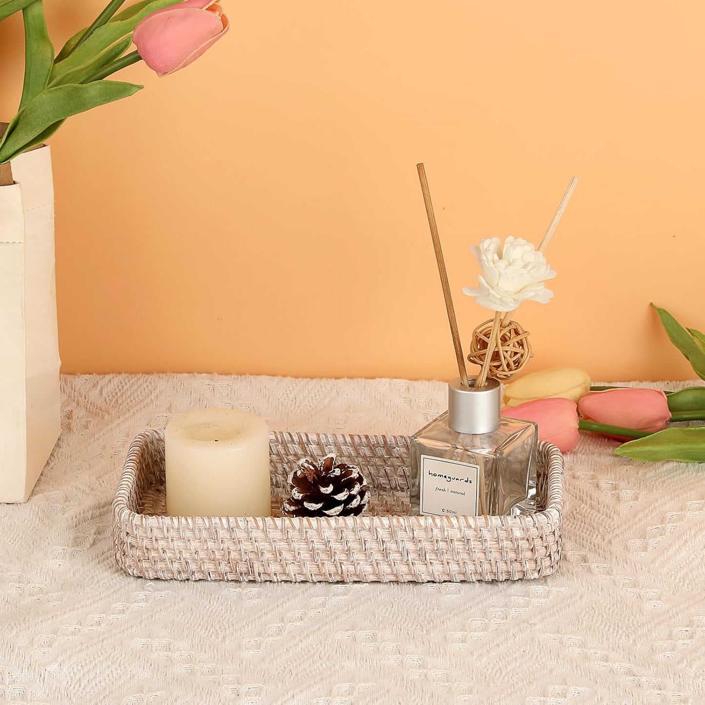 Hipiwe Key Basket Tray for Entryway Table Rattan Serving Tray Handwoven Wicker Baskets Vanity Trays Square Decorative Fruit Trays for Kitchen Counter Bedside Living Room Bathroom, 8.1"