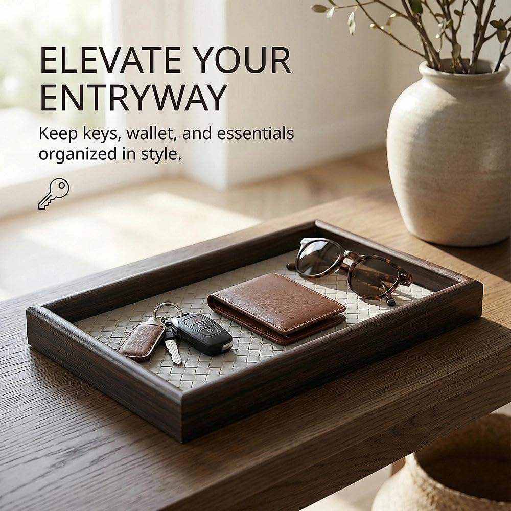 Zosenley Wooden Valet Tray with Leather Base - Nightstand Catchall Organizer for Cologne, Perfume, Keys, Wallet, Phone, Watch, Jewelry & Sunglasses (Black)