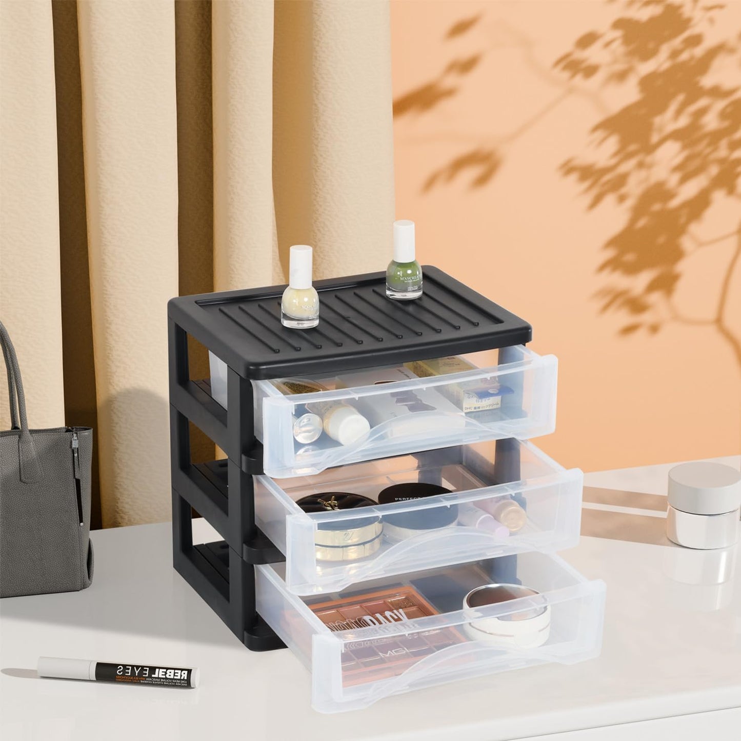 BYCY Medium 3 Drawer Plastic Clear Stacking Desktop Organizer for Office Supplies, Stackable Storage Drawers Storage Bins For Kitchen Cabinets, Pantry, Home Organization (Black, Medium 3Drawer)