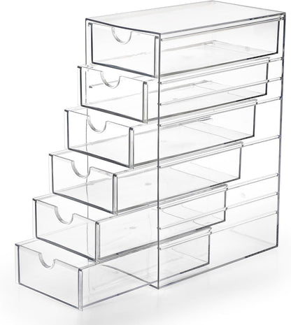 Hipiwe Plastic Drawer Organizer Clear Desktop Drawers Box with 6 Pull Out Drawer Compact Storage Box for Cabinet Vanity Bathroom Bedroom Pantry Shelf Office Closet Organization