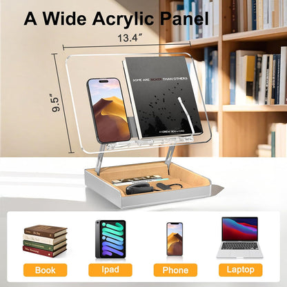 Book Stand with Storage, Book Holder for Reading Hands Free, Wooden Cookbook Stand for Kitchen Counter, Adjustable Reading Stand for Desk, Recipe Stand, Book Prop for Book Lovers