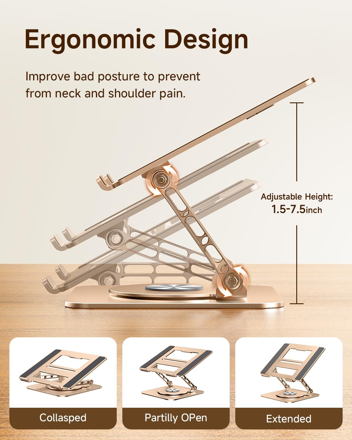 MCHOSE Laptop Stand for Desk, Ergonomic Laptop Riser with 360° Rotating Base, Foldable Notebook Computer Holder Stand Compatible with MacBook Air Pro, Dell XPS, More 10-15" Laptops, Gold