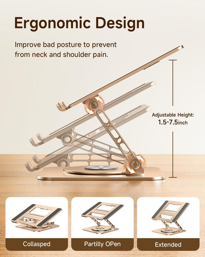 MCHOSE Laptop Stand for Desk, Ergonomic Laptop Riser with 360° Rotating Base, Foldable Notebook Computer Holder Stand Compatible with MacBook Air Pro, Dell XPS, More 10-15" Laptops, Gold
