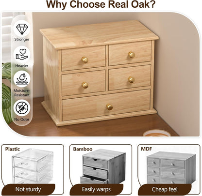 Oak Desk Organizer with Drawers, Durable Wooden Desktop Storage Box with Metal Handles & Non-Slip Silicone Pads, 4 Drawer Tabletop Organizer for Office, Bedroom, Bathroom, Vanity, and Makeup – Walnut