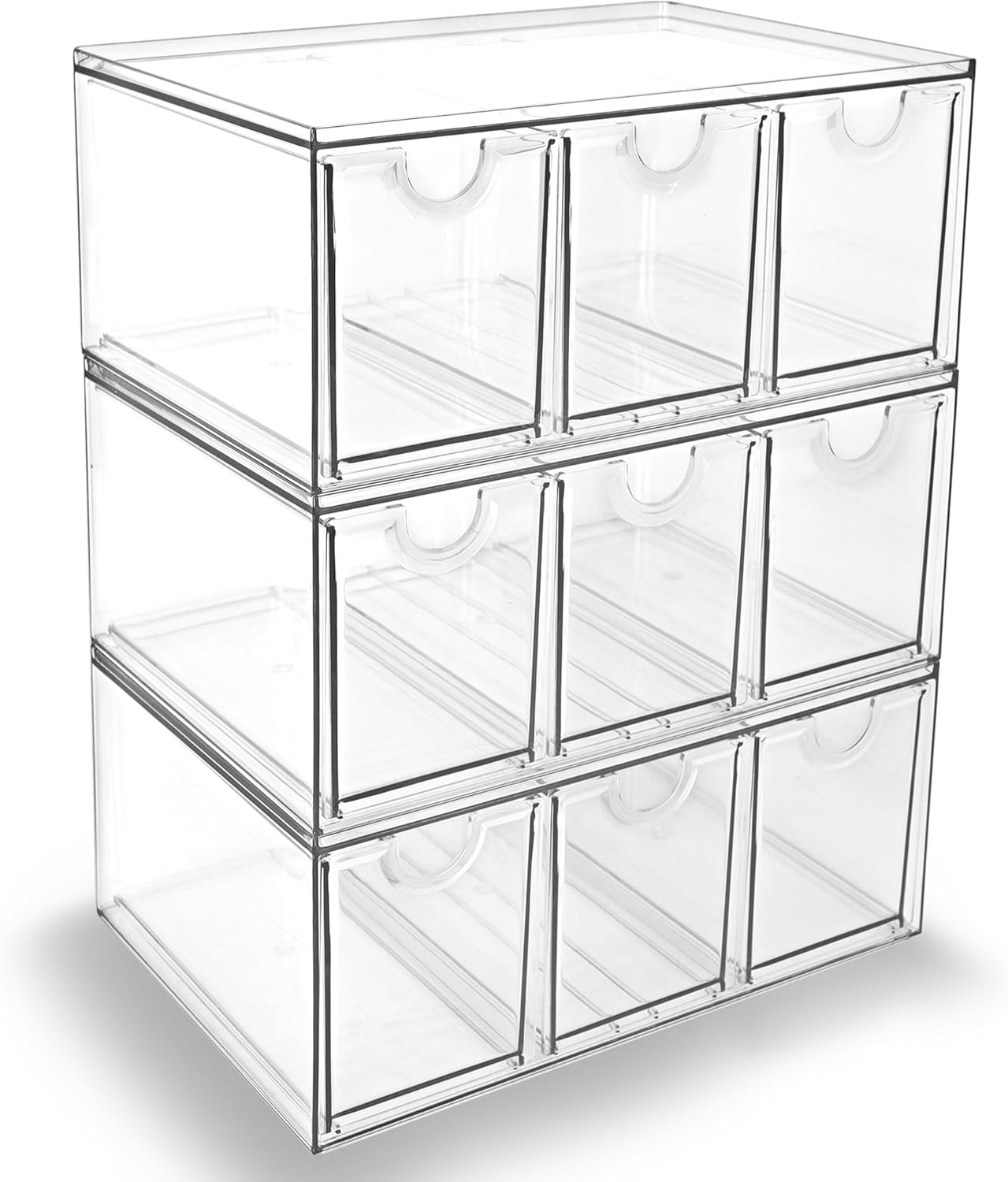 Prsildan Acrylic Makeup Organizer, 2 Pack Stackable Storage Drawers with 6 Drawers for Office Desk Vanity Craft Room Clear Drawer Organizers for Hair Accessories Art Supplies Cosmetics Modular System