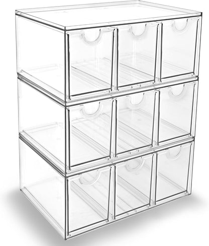 Prsildan Acrylic Makeup Organizer, 2 Pack Stackable Storage Drawers with 6 Drawers for Office Desk Vanity Craft Room Clear Drawer Organizers for Hair Accessories Art Supplies Cosmetics Modular System