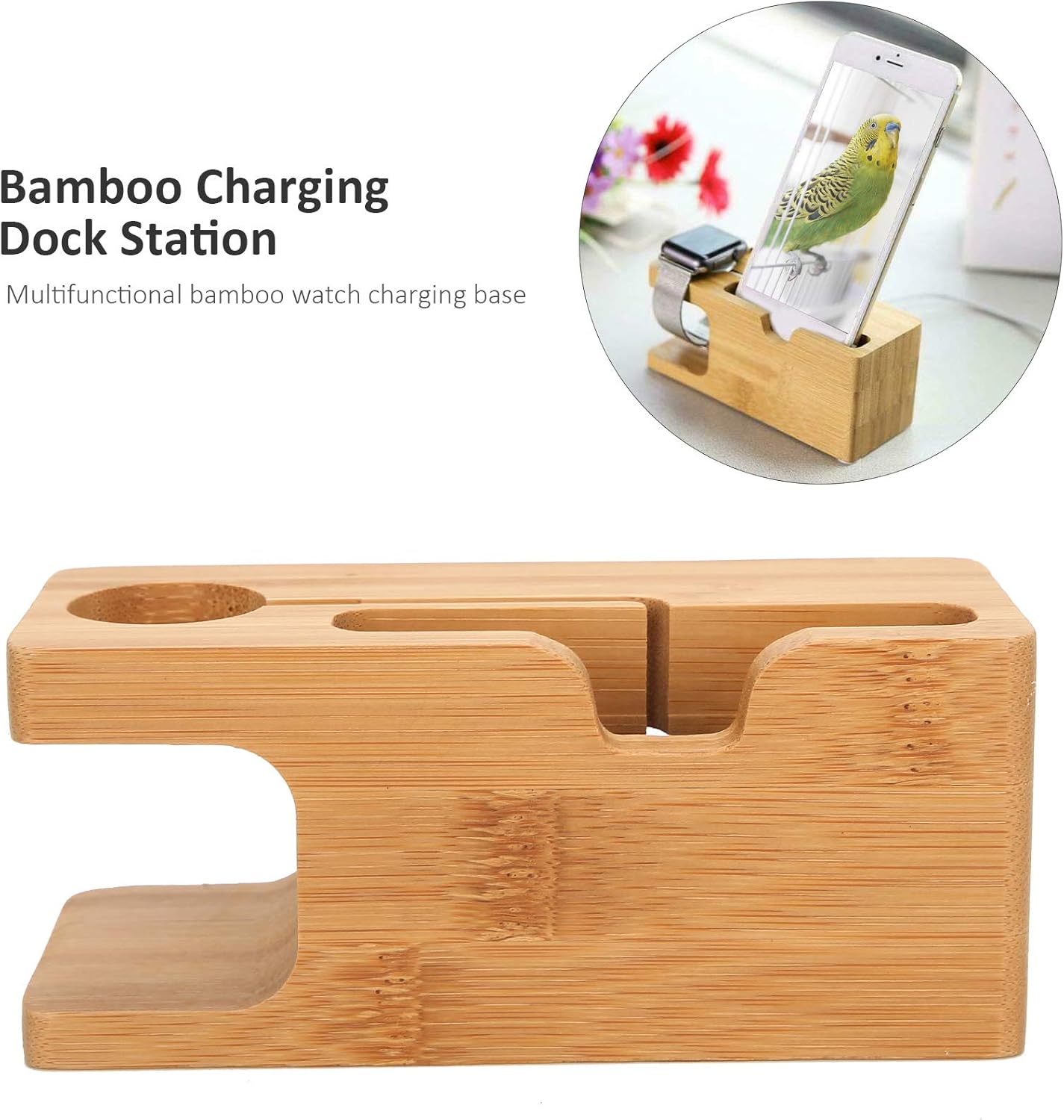 Pssopp Bamboo Charging Station, Wooden Charging Station Desktop Docking Station Organizer for Cellphone Smart Watch Tablet Charging Cables