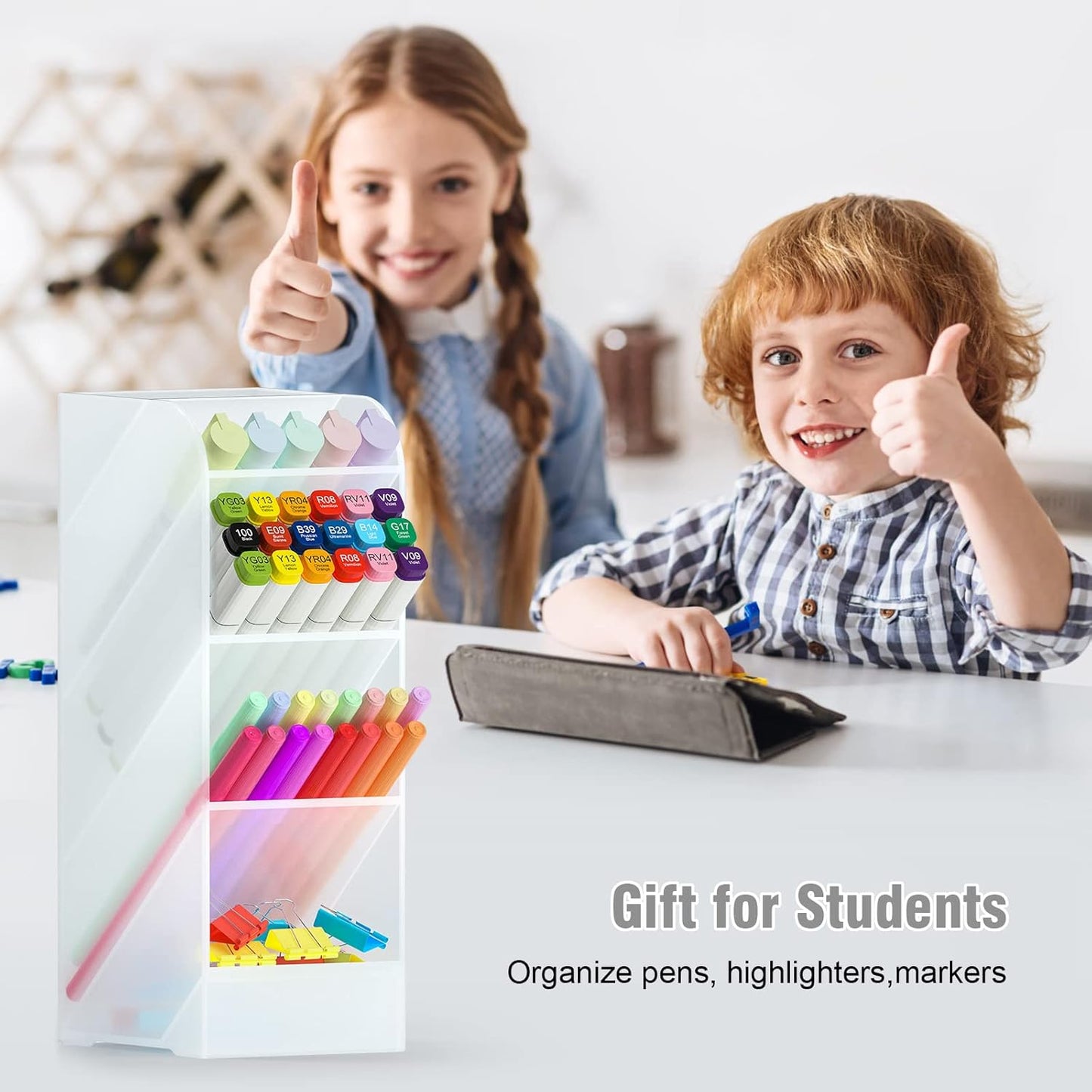 Asten Pen Holder, Pencil Holder for Desk, Pen Organizer for Office, School, Desktop, Large Capacity Pen Storage Organizer with 5 Compartment for Pens, Markers, Makeup Brush, Cosmetics (Clear, 1 Pack)