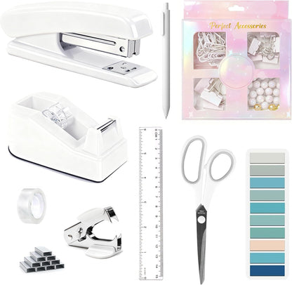 Gold Desk Accessories, Office Desk Organizers and Accessories 360°Pen Holder Acrylic Stapler Set, Phone Holder, Ballpoint Pen, Scissor, Binder Clips, Ruler, Transparent Glue, Sticky Note and Staples.