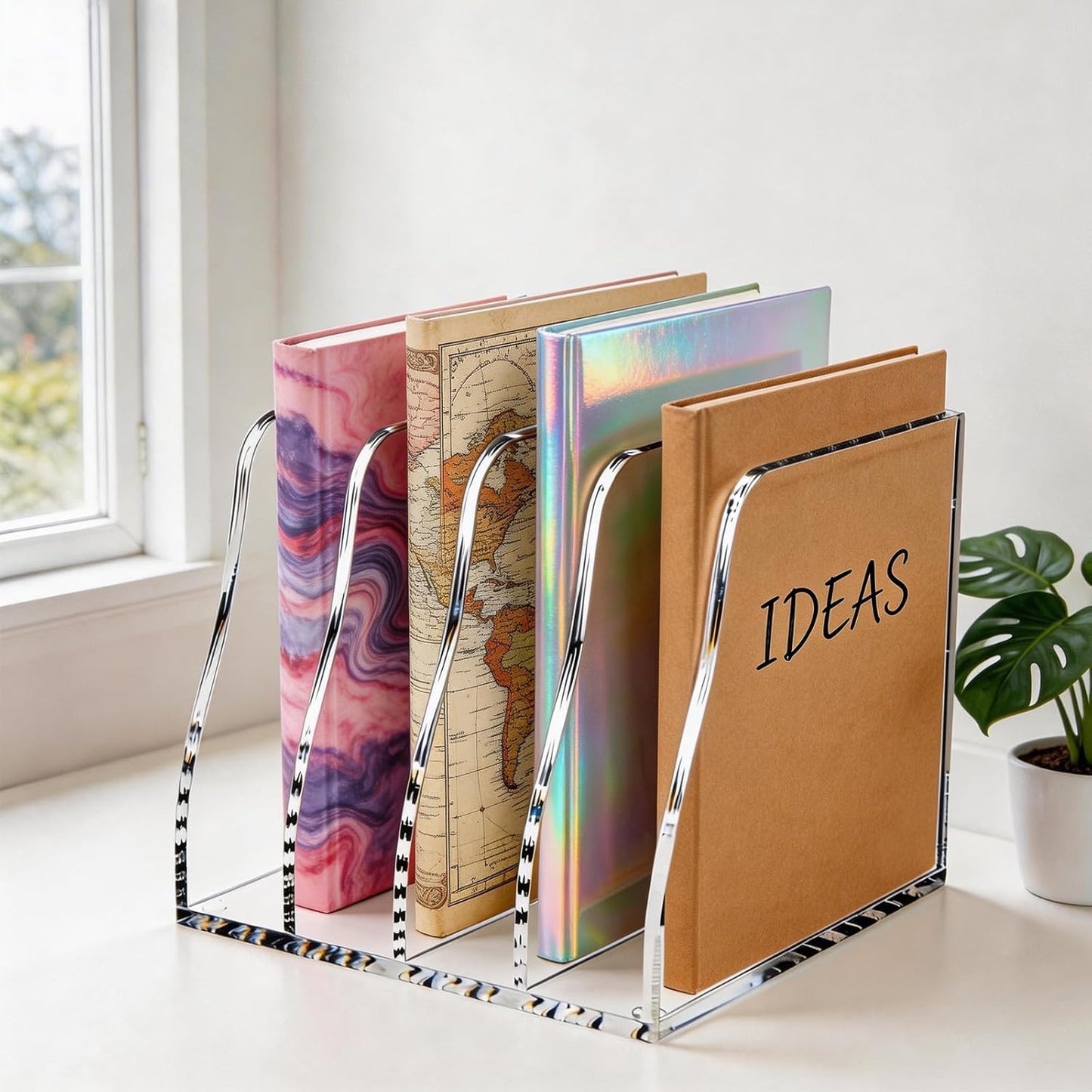 Acrylic Magazine File Holder,4 Vertical Compartments Desk Document Sorter Organizer,Clear Office Organization Supplies,For: Files, Books, and Accessories