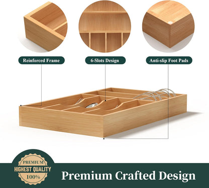 Small Silverware Organizer, Bamboo Kitchen Drawer Organizer, Utensil Holder, Cutlery Tray & Spoon Flatware Storage with Grooved Drawer Dividers (6.7''W x 12''D)