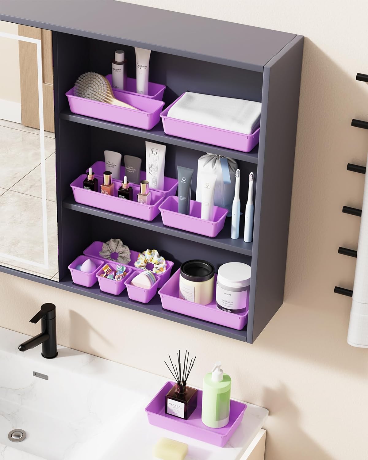 BiuLeon 25 PCS Plastic Drawer Organizers Set, 4-Sizes Vanity and Makeup Organizer, Desk and bathroom Drawer Organizer Trays, Organizers and Storage for Makeup, Jewelry, Gadgets, Utensils (Pink)