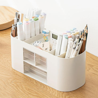 INSTOME Pencil Pen Holder for Desk with 3 Drawers - All-In-One Desk Organizer - Perfect Desk Accessories for Office Use - Stylish & Convenient Desk Organizers and Accessories (Beige)