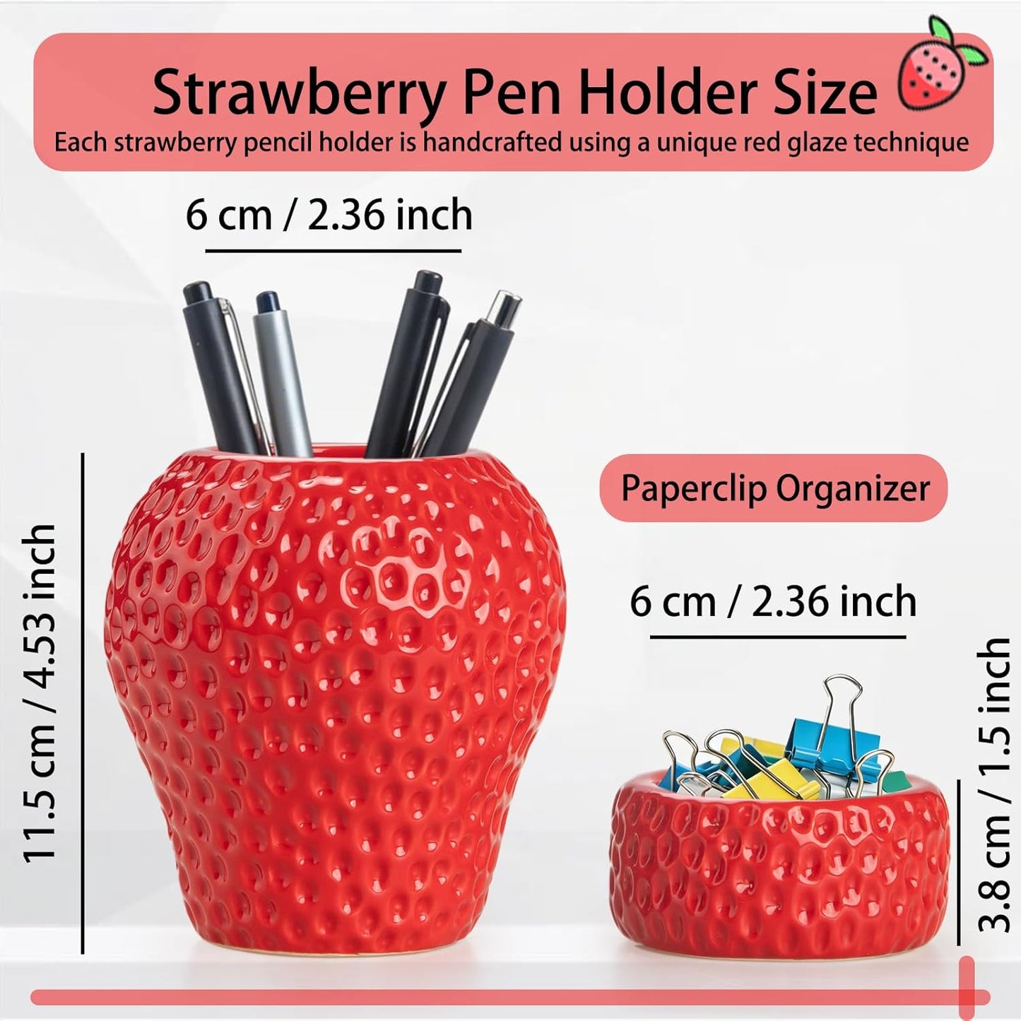Ceramic Paper Clip Holder, Strawberry Pen Holder Set, Desktop Aesthetic Creative Storage Set of 2, Office Home Decor(Red)