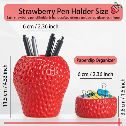Ceramic Paper Clip Holder, Strawberry Pen Holder Set, Desktop Aesthetic Creative Storage Set of 2, Office Home Decor(Red)