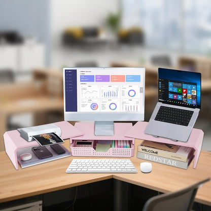 LEKETREE Dual Monitor Stand Riser with Drawer, Desk Organizer and Accessories, Pink Monitor Stand for Desk, Desktop Stand for Computer, Laptop, TV and More (Pink)