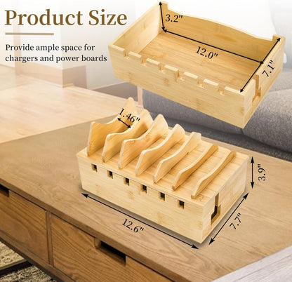 WRINGKIT Bamboo Charging Station for Multiple Devices, Desktop Charging Organizer with Removable Divider Slots, Docking Stations Stand for 6 Devices, Compatible with Tablets, iPads, Cell Phone, Laptop