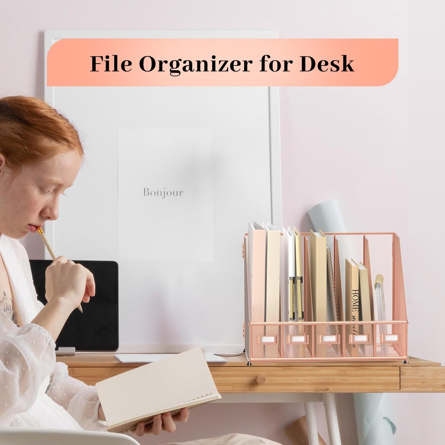 SUPEASY Desk Organizers Metal Desk Magazine File Holder with 5 Vertical Compartments Rack File Organizer for Office Desktop, Classroom, Home Workspace, Black