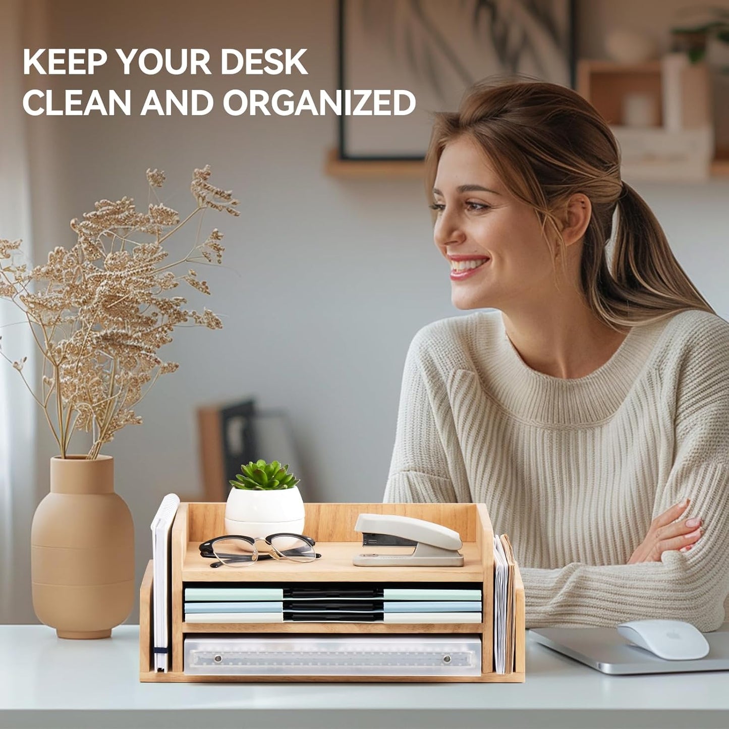 KIRIGEN Wood Desk Organizer 5 Trays - Desktop Document Letter Tray for Folders, Mail,File -Nature 3-Tier Office Mail Sorter Organizer Rack/Telephone Stand/Document Holder Dark Brown(2TP-DBR)