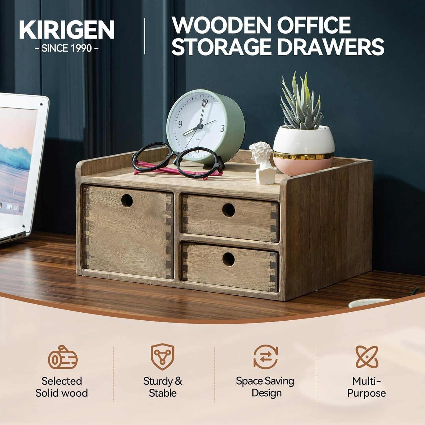 KIRIGEN Wooden Desktop Organizer Paper Storage Letter Tray File Sorter - Desk Rack Magazine File Dividers Holders for Home Office Accessories Wood Desk Cabinet with 3 Layer Trays Natural(3KWJG-NA)