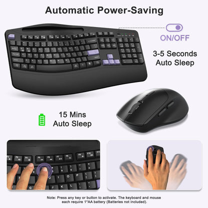 Wireless Keyboard and Mouse Combo, 2.4G Full Size Wave Keys Ergonomic Keyboard with Wrist Rest, Phone Holder, 3-Level DPI Wireless Silent Mouse with 6-Buttons, for Windows, Mac OS, Laptop, PC (Black)
