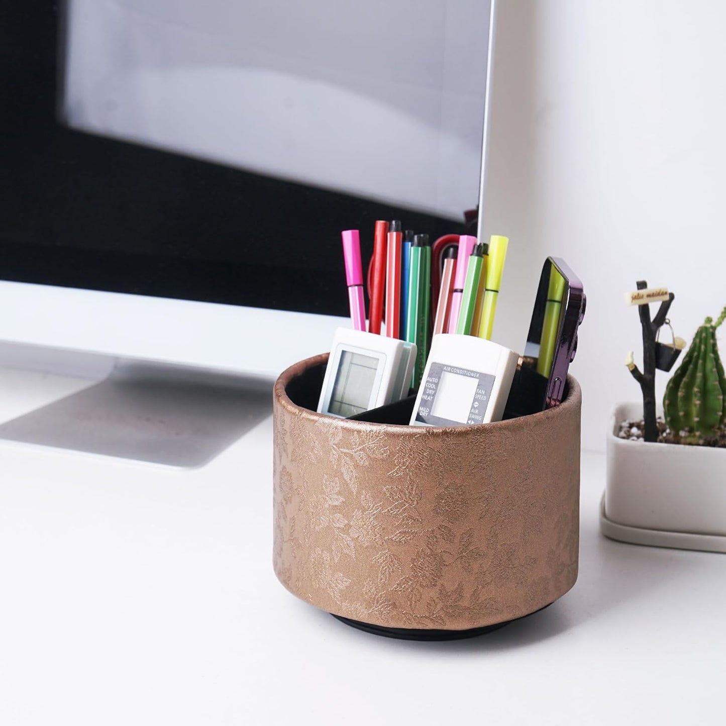 lizimandu Round Leather Art Supply Organizer,Remote Control Holder,360 Degree Spinning,Multi-Functional Pencil Holder,4 Compartments Desktop Stationary Organizer(1-Gold) - Colors B