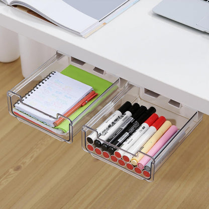 Under Desk Storage Drawers Self-Adhesive Easy Hidden Desktop Organizer, Attachable Clear Acrylic Storage Tray Under Table Drawer for Home Office School Counters Workstation, 2 Pack