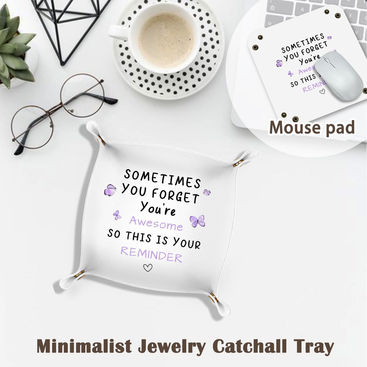 Inspirational Gifts for Women Jewelry Valet Tray, Motivational Positive Affirmations Gifts for Women, Blue Retro Nightstand Desk Accessories PU Leather Tray Organizer for Jewelry Rings Watches