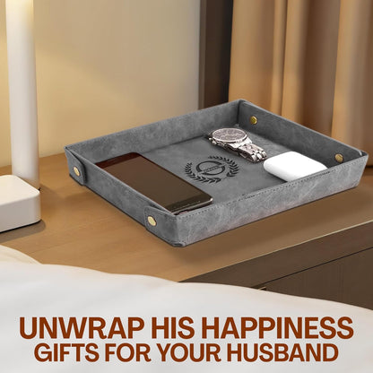 Engraved Leather Valet Tray for Men – Personalized Catchall with Custom Name for Desk, Dresser, Nightstand – Men's Organizer Tray for Keys, Wallet, Jewelry, Personalized Gift for Home, Office - Coffee