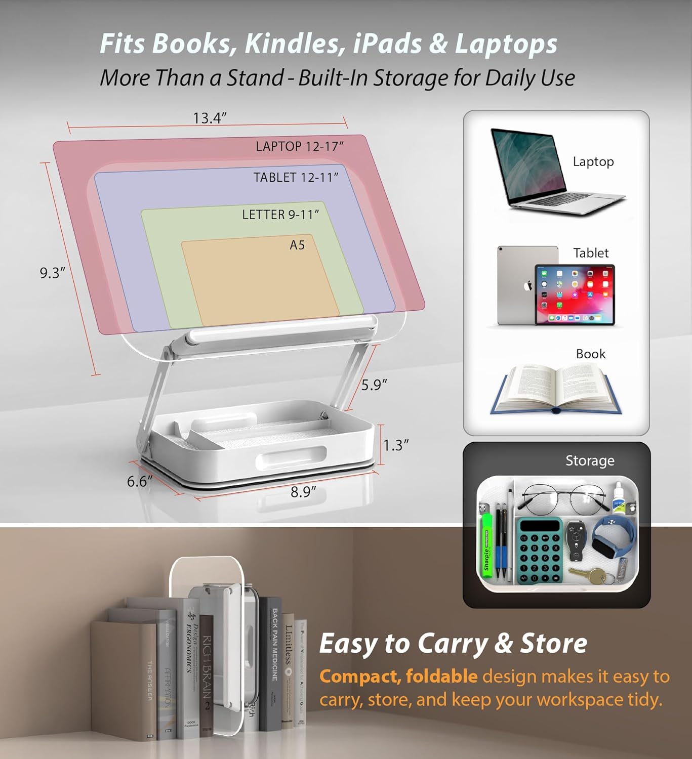 Acrylic Book Stand with Storage, 360° Rotating, Foldable Adjustable Holder with Large Storage Capacity for Reading & Tablets (Clear)